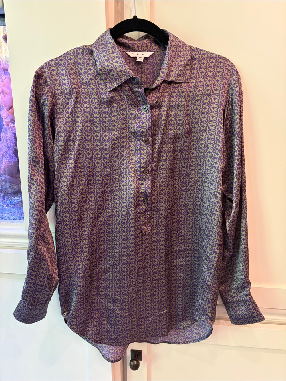 CAbi Purple Geometric Long-Sleeve Button Shirt style #117 Silk